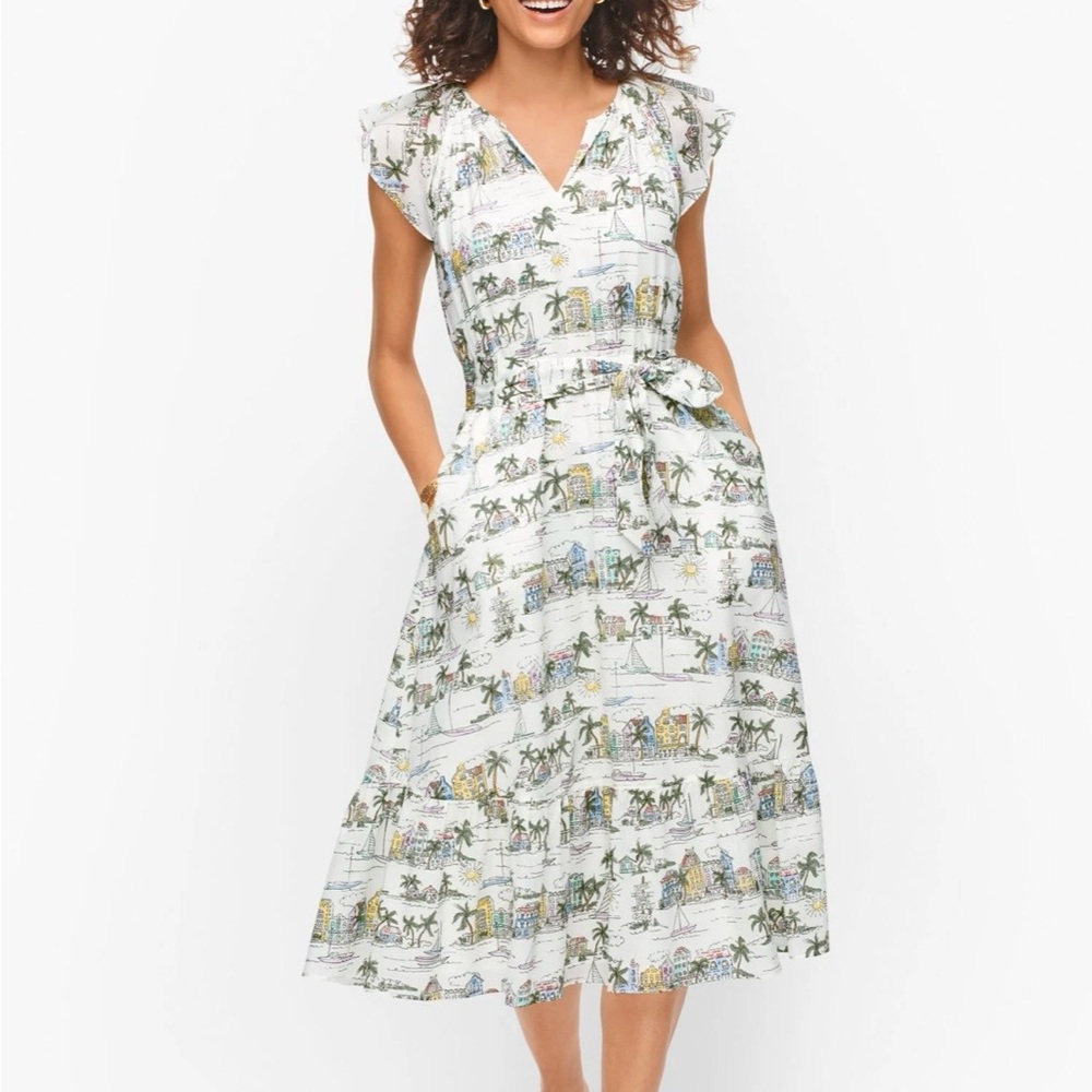 Talbots Ruffle Fit & Flare Preppy Coastal Dress in a Scenic Curaçao print